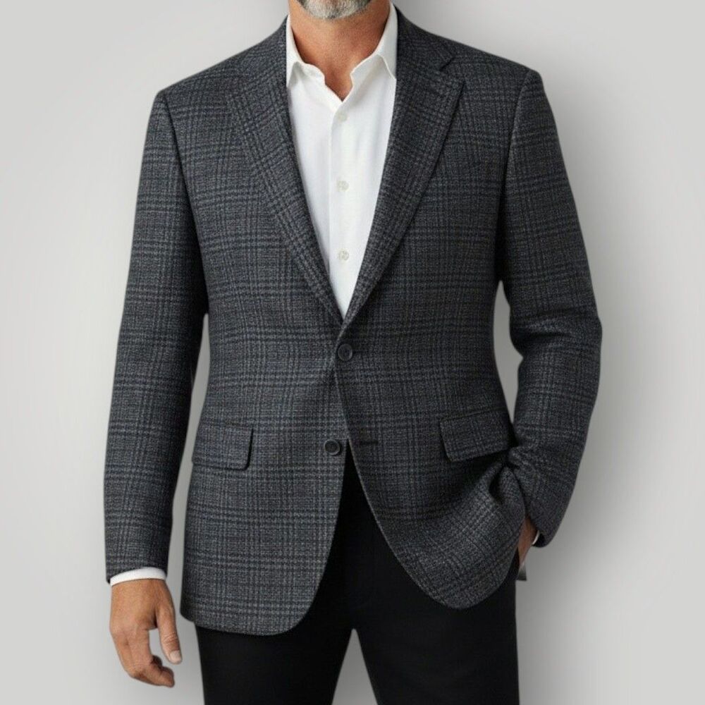 SAMUELSOHN Mens Blazer 48R Gray Plaid Fleece Wool Sport Coat Casual Suit Jacket